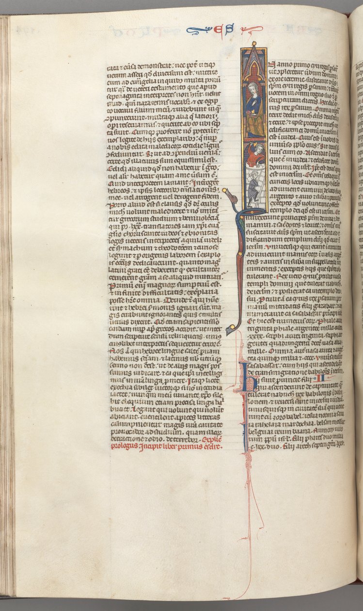 Fol. 174v, Ezra, historisk initial I, Kyros ledet byggingen av tempelet, ca. 1275-1300. av Unbekannt