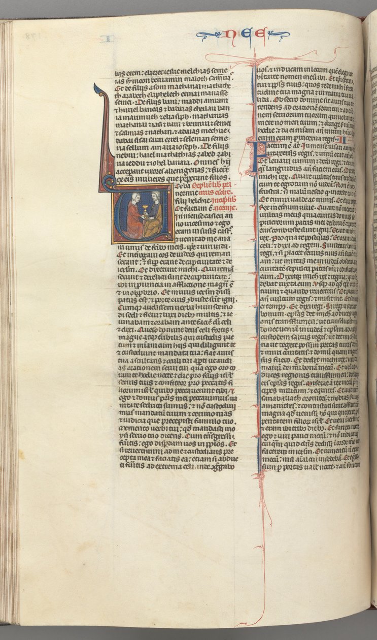 Fol. 178v, Nehemiah, historisk initial V, Nehemiah presenterer den gyldne kopp til Artaxerxes, ca. 127 av Unbekannt