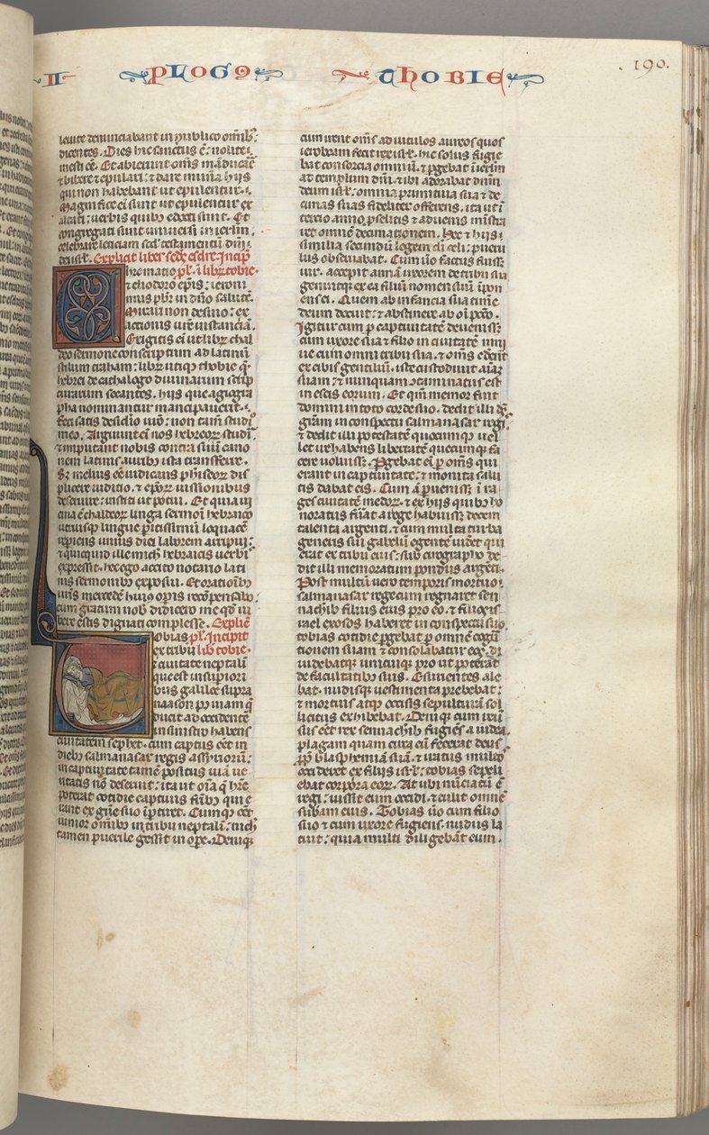 Fol. 190r, Tobit, historisk initial T, Tobit sover på en seng, ca. 1275-1300. av Unbekannt