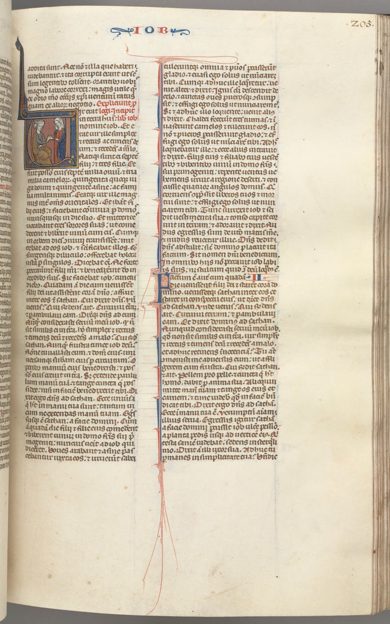 Fol. 205r, Job, historikk initial V, Job på møkkhaugen gitt en gullørering, ca. 1275-1300. av Unbekannt