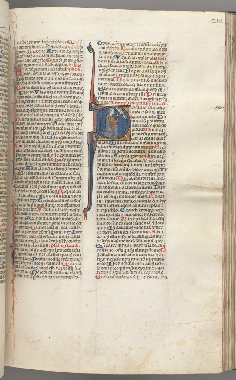 Fol. 218r, Salme 26, historisk initial D, David knelende og peker på øynene, Guds byste..., av Unbekannt