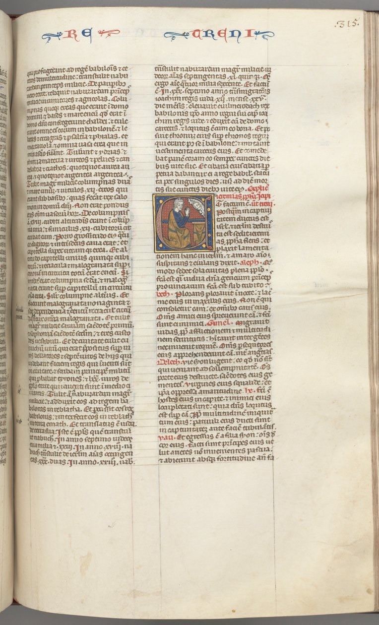 Fol. 315r, Lamentations, historisk initial E, en knelende Jeremia som ber til en byste av Gud, ca. 127 av Unbekannt