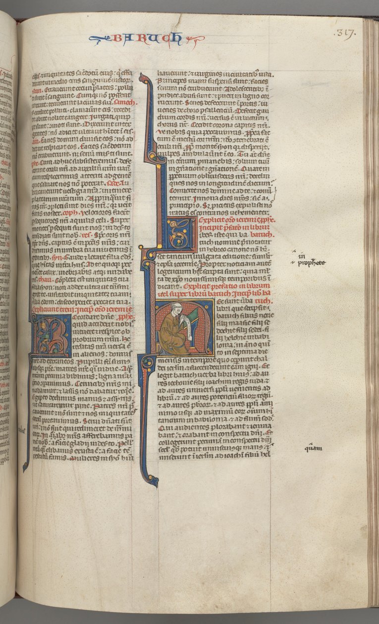 Fol. 317r, Baruch, historisk initial H, Baruch sittende ved et skrivebord og skrev på en rulle, ca. 1275-1300. av Unbekannt