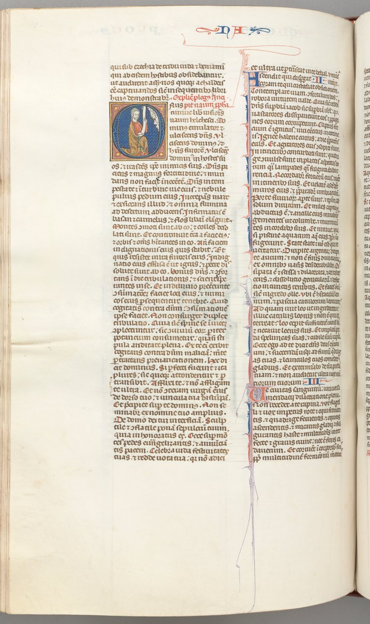 Fol. 360v, Nahum, historisk initial O, Nahum kneler med en bokrull, byste av Gud over, ca. 1275-13 av Unbekannt