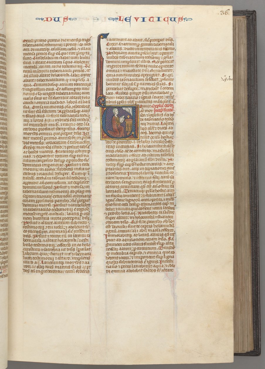 Fol. 36r, 3. Mosebok, historikk initial V, Moses ofrer et offerlam på et alter, ca. 1275-1 av Unbekannt