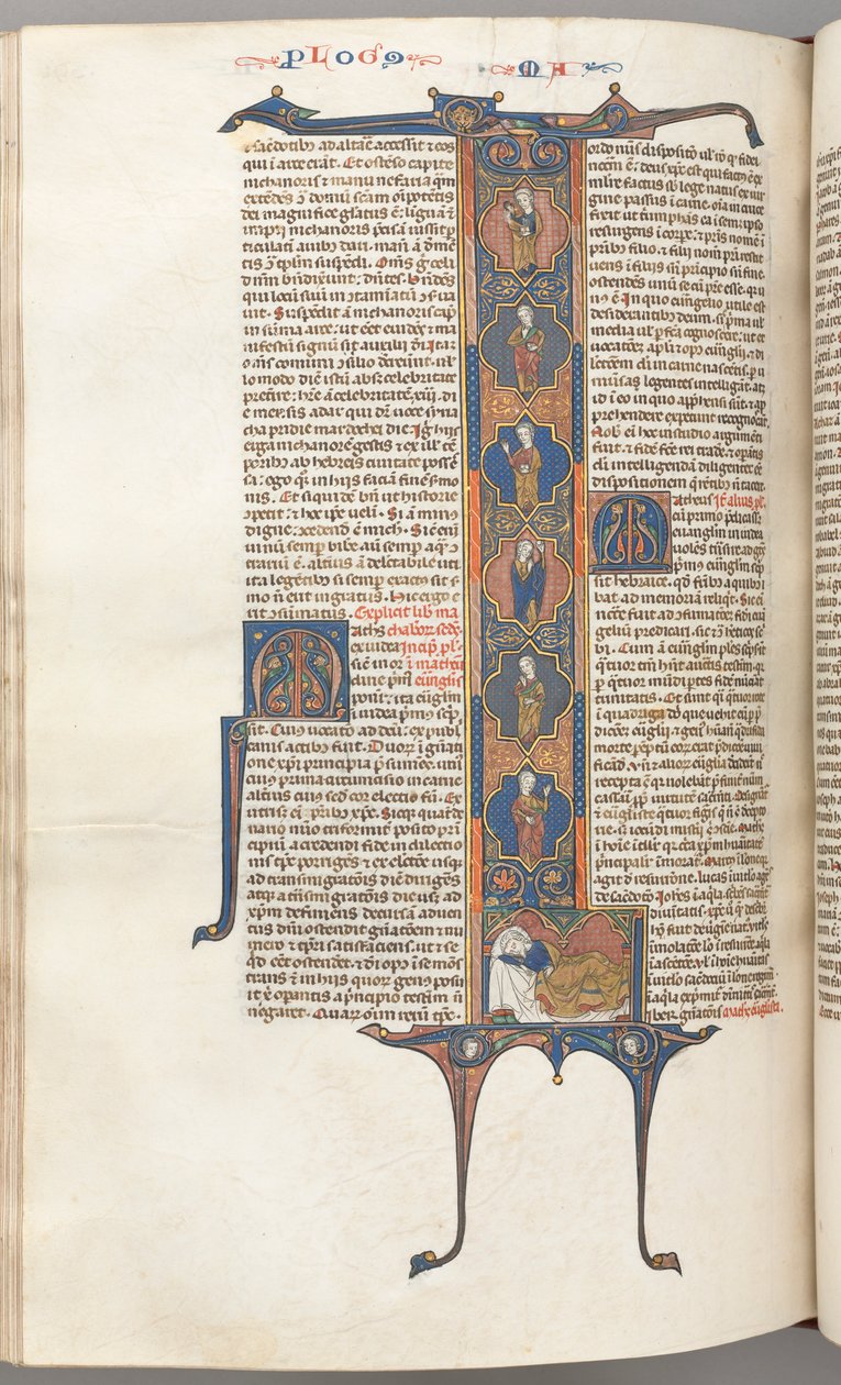 Fol. 391v, Matthew, historiker i full lengde L, the Tree of Jesse, med en sovende Jesse, ca. av Unbekannt