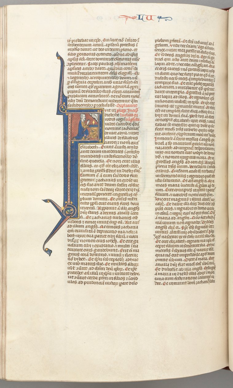 Fol. 412v, Luke, historikert initial F, Luke ber ved et alter, byste av Gud over, ca. 1275-1300. av Unbekannt