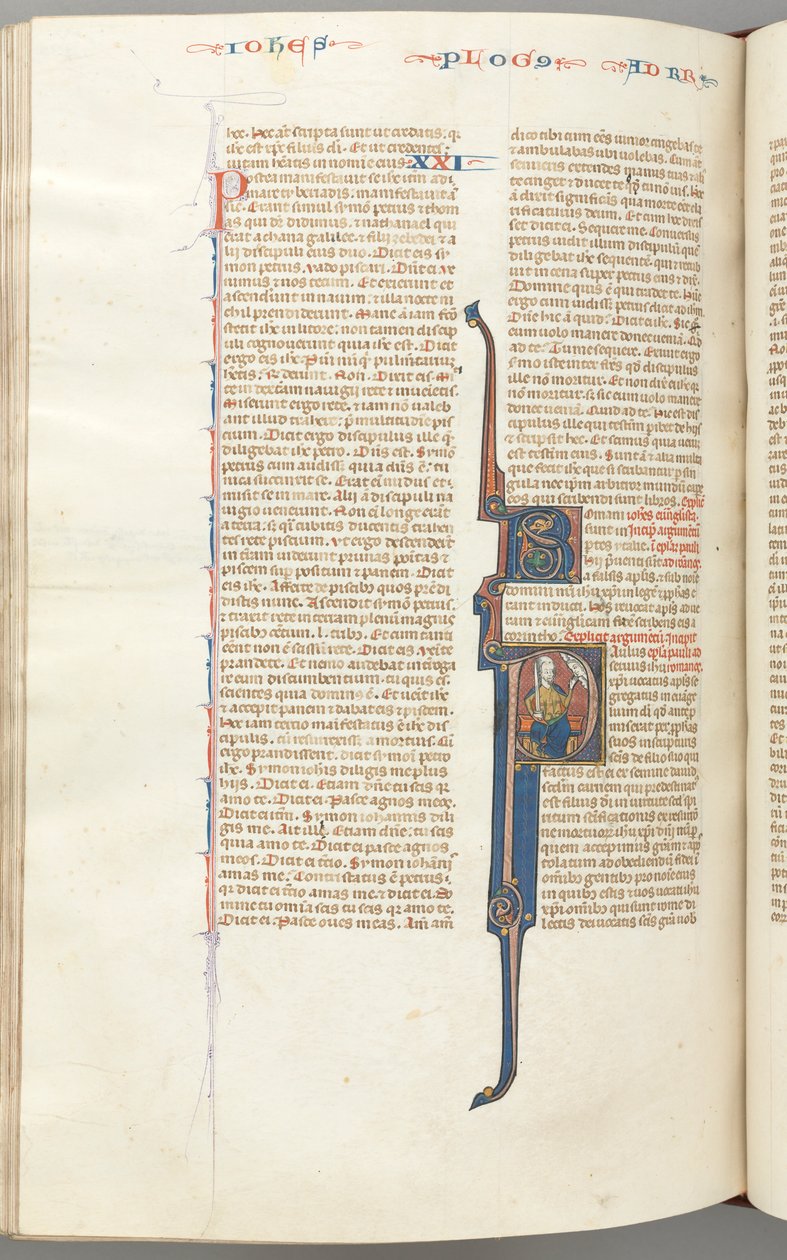 Fol. 435v, Romerne, historikert initial P, Paulus sittende med et sverd og snakket til Guds byste..., ca. av Unbekannt