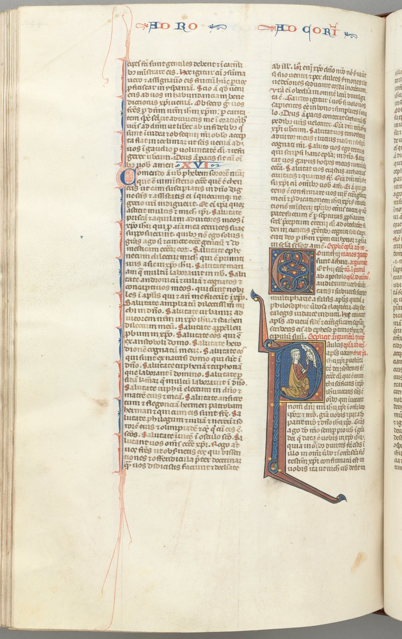 Fol. 440v, Corinthians I, historikk initial P, Paul knelende og snakker til Guds byste ovenfor, ca. av Unbekannt