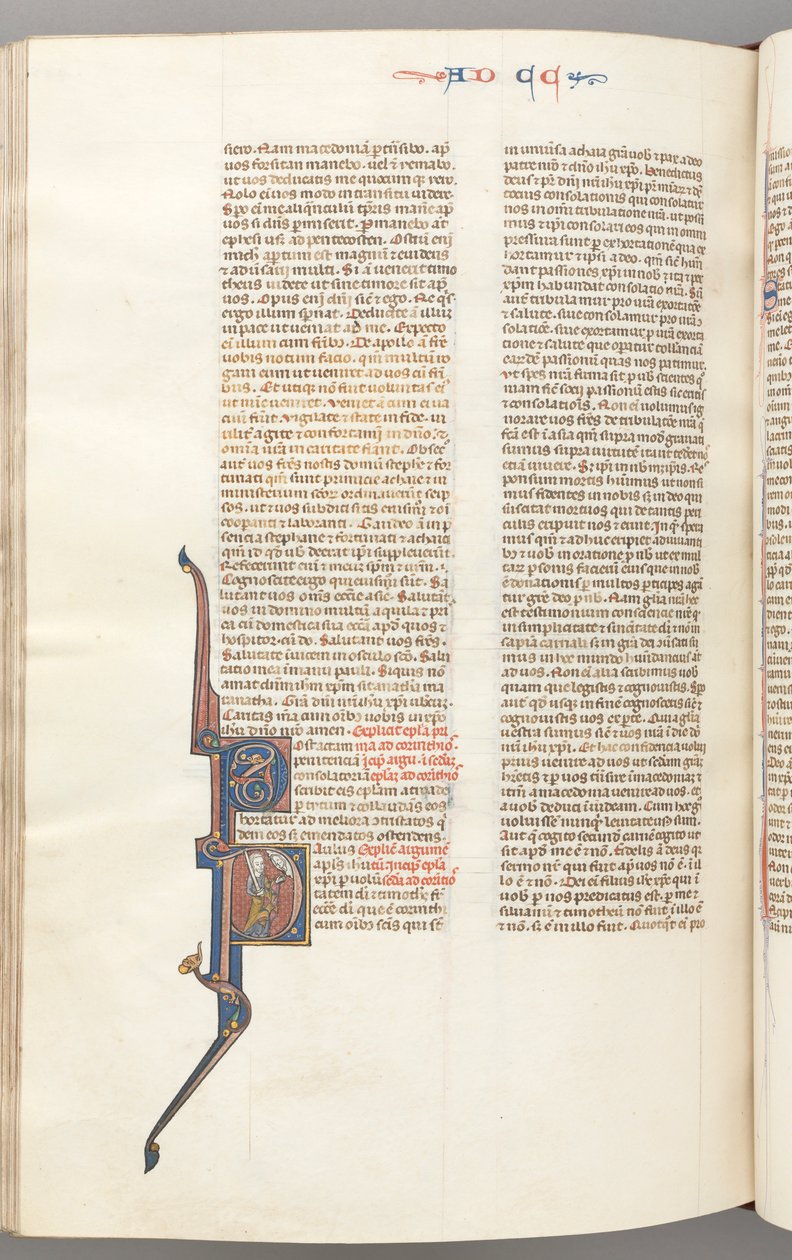 Fol. 445v, Corinthians II, historikk initial P, Paul stående med et sverd, ca. 1275-1300. av Unbekannt