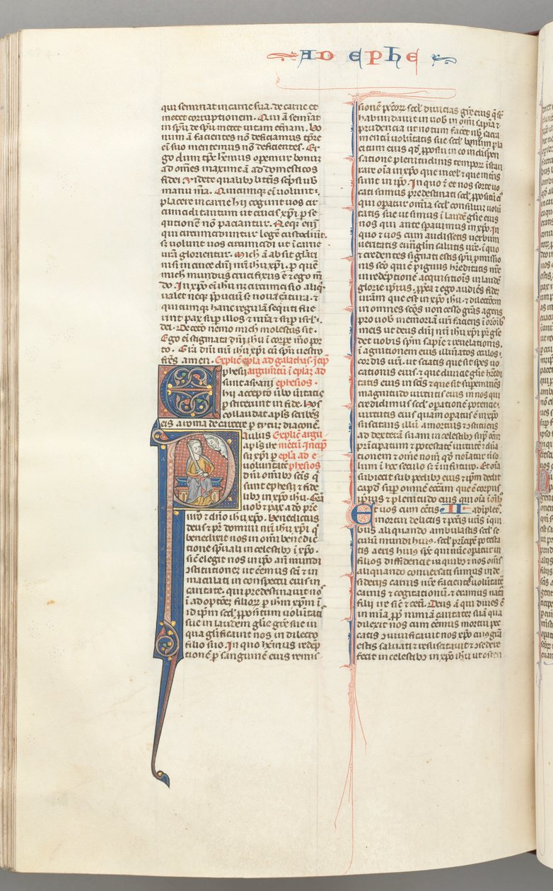 Fol. 450v, Efeserbrevet, historisk initial P, Paulus sittende med et sverd, Guds byste ovenfor, ca. 127 av Unbekannt