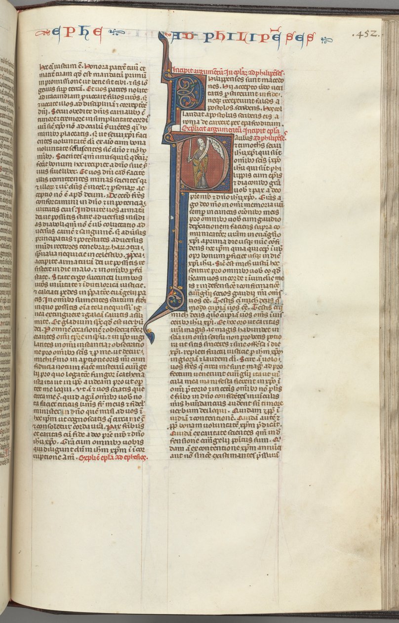 Fol. 452r, Filipperne, historikert initial P, Paulus står med et sverd og en rulle og snakker med t av Unbekannt