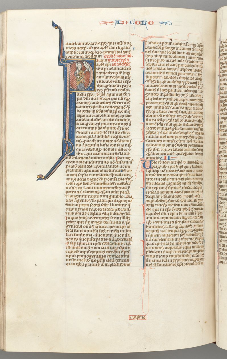 Fol. 453v, Kolosserbrevet, historikert initial P, Paulus står og snakker til Guds byste ovenfor, ca. 127 av Unbekannt