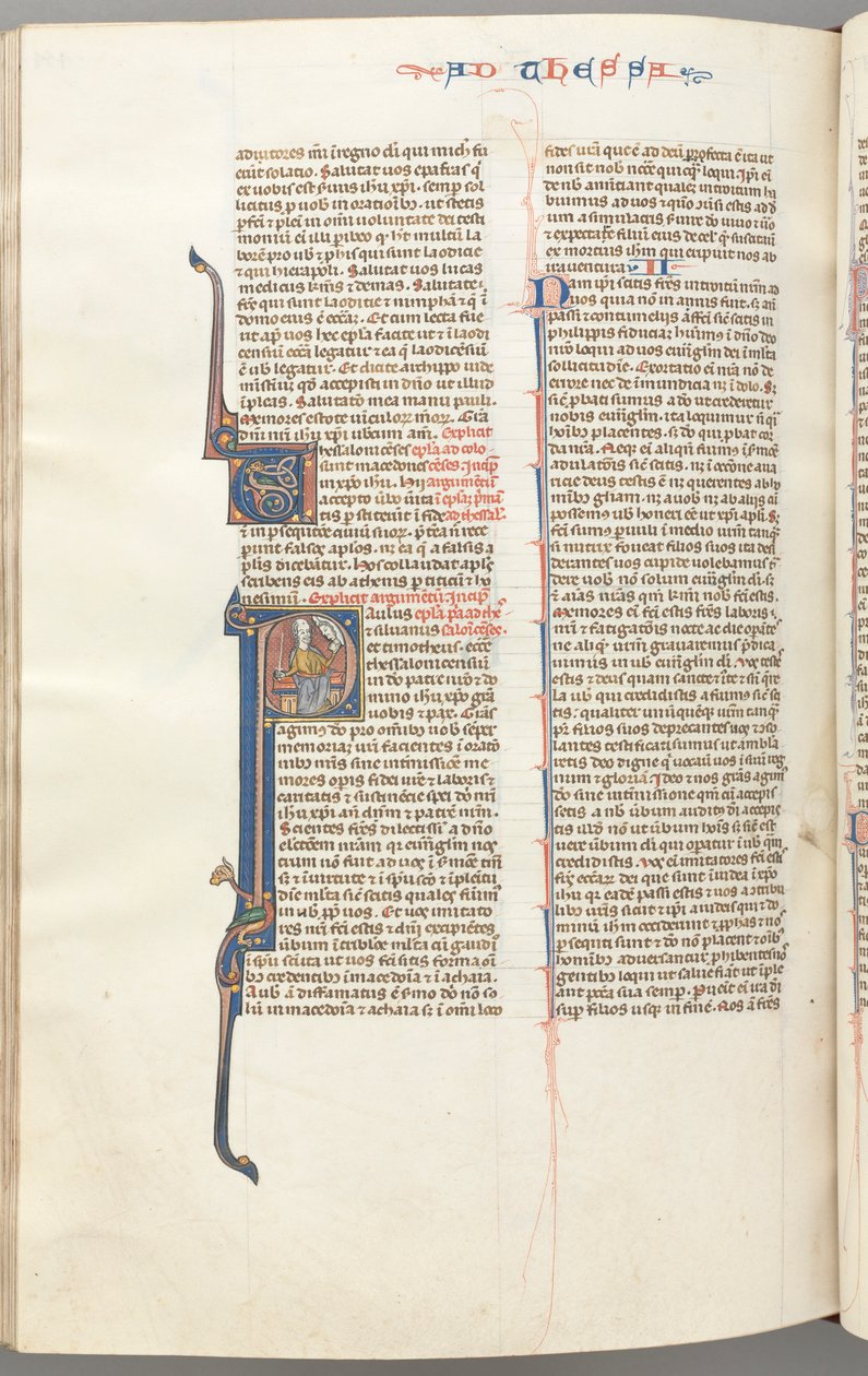 Fol. 454v, Thessalonians I, historiker for initial P, Paulus satt med et sverd og en bok..., ca. 1275-13 av Unbekannt