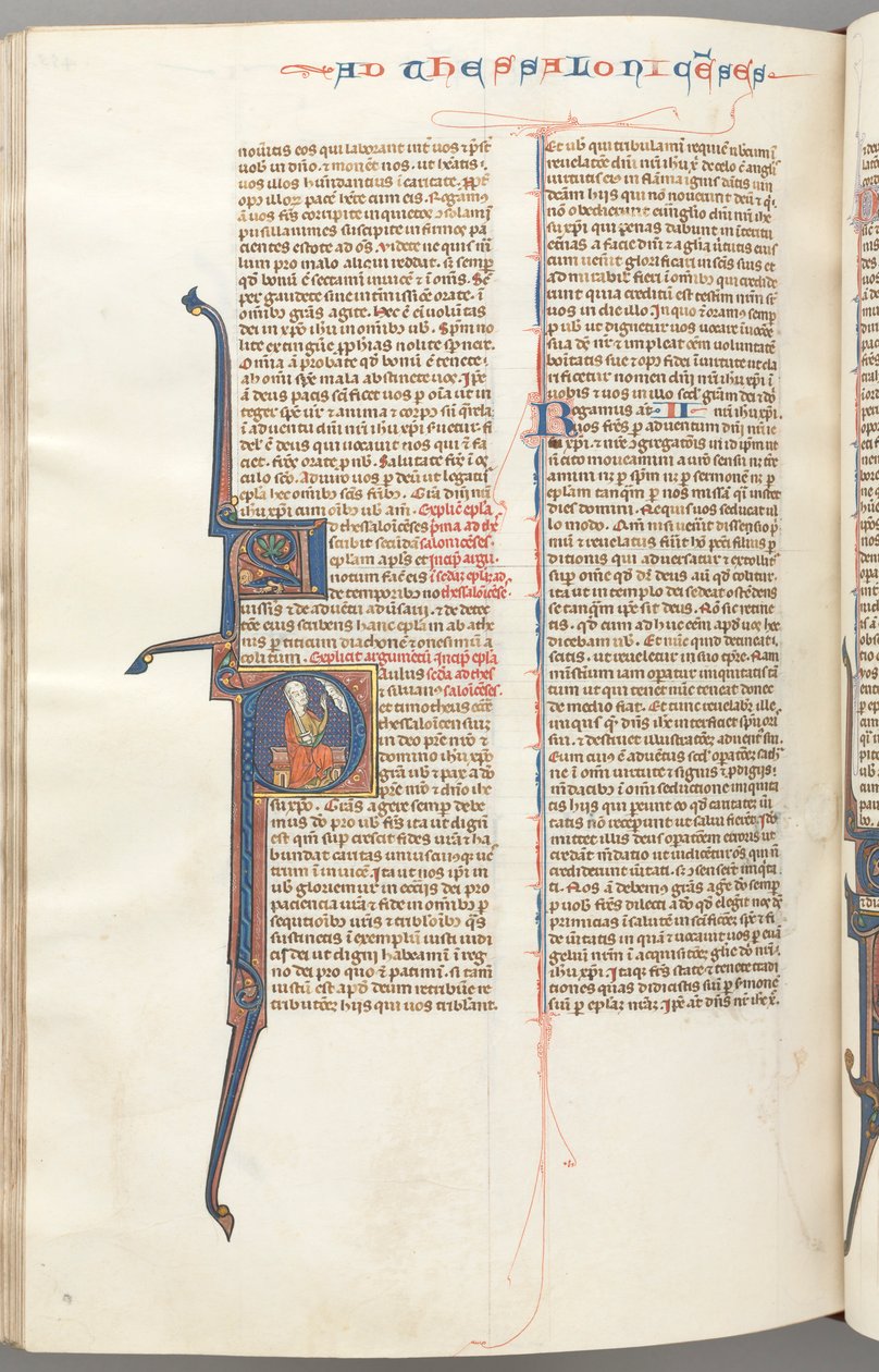 Fol. 455v, Thessalonians II, historikk initial P, Paulus sittende med et sverd..., ca. 1275-1300. av Unbekannt