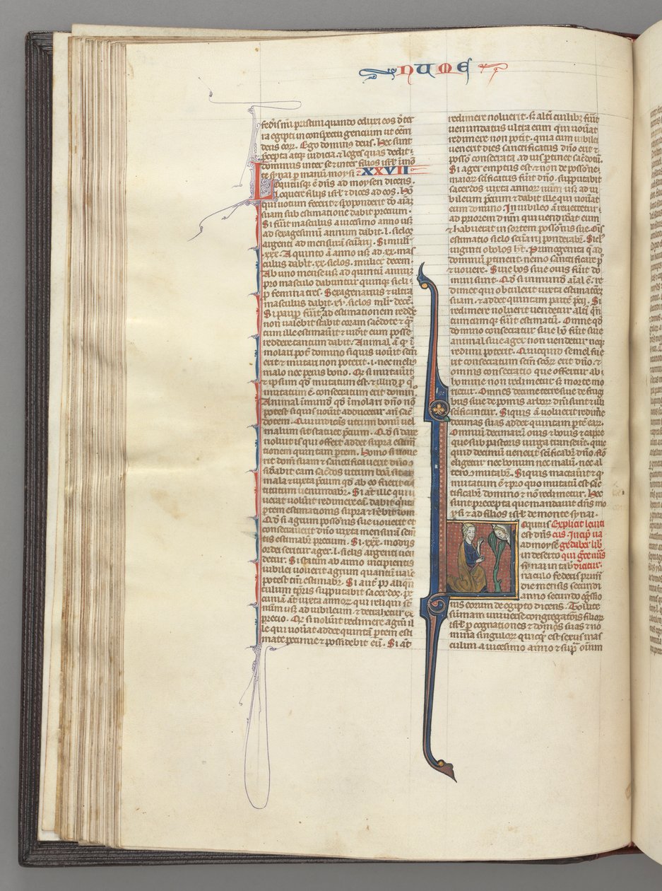 Fol. 46v, Numbers, historisk initial L, Moses med horn, knelende for Gud, ca. 1275-1300. av Unbekannt