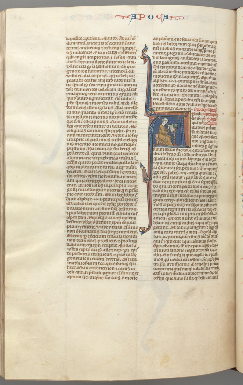 Fol. 482v, Revelations, historikk initial A, John satt ved et skrivebord og skrev..., ca. 1275-1300. av Unbekannt