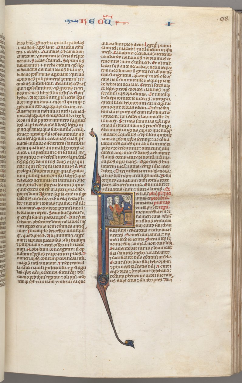 Fol. 98r, Kings I, historikk initial F, Elkanah og Hannah knelende foran et alter..., ca. 1275-13 av Unbekannt
