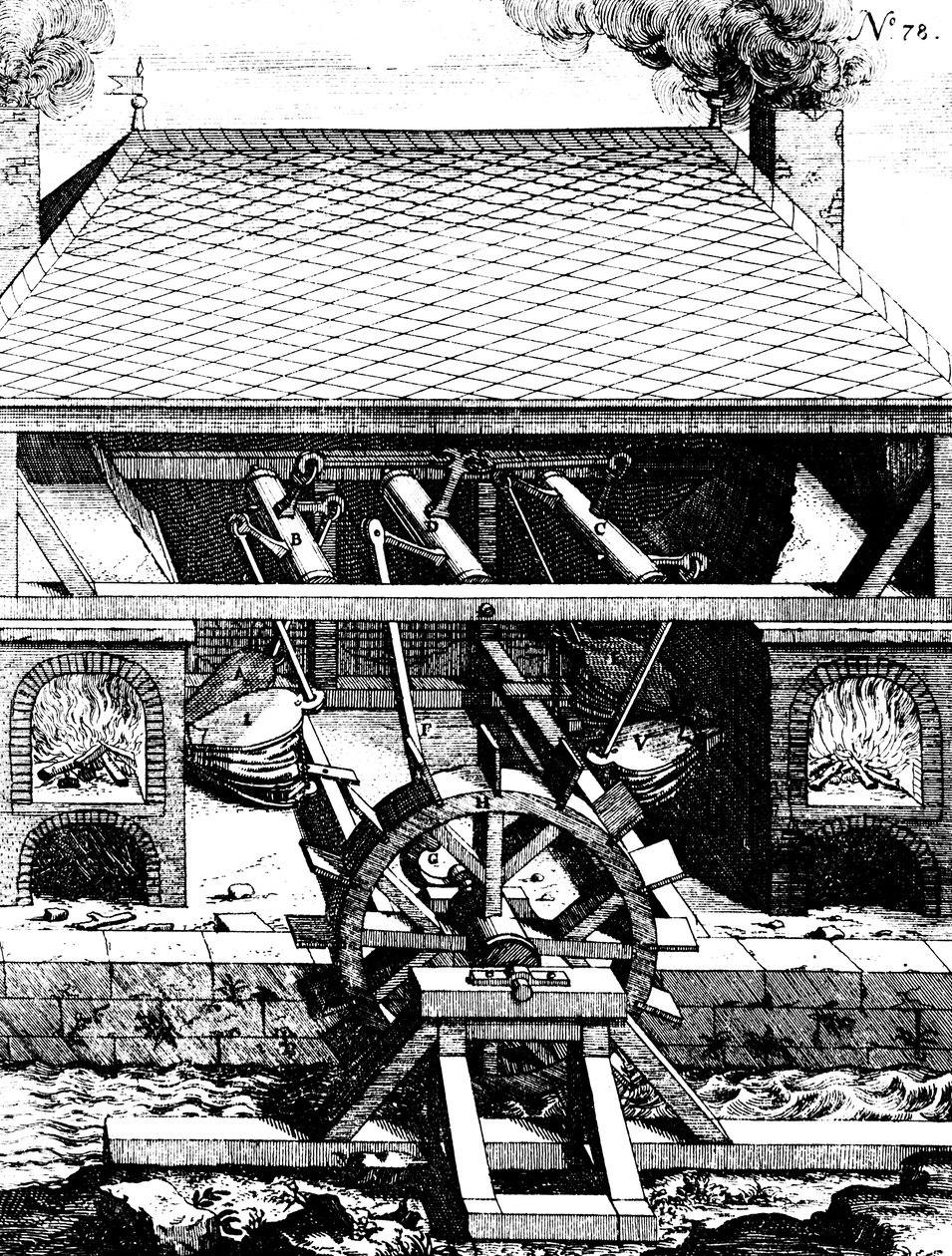 Smie med belg drevet av et underliggende vannhjul gjennom sveiver, 1673 av Unbekannt
