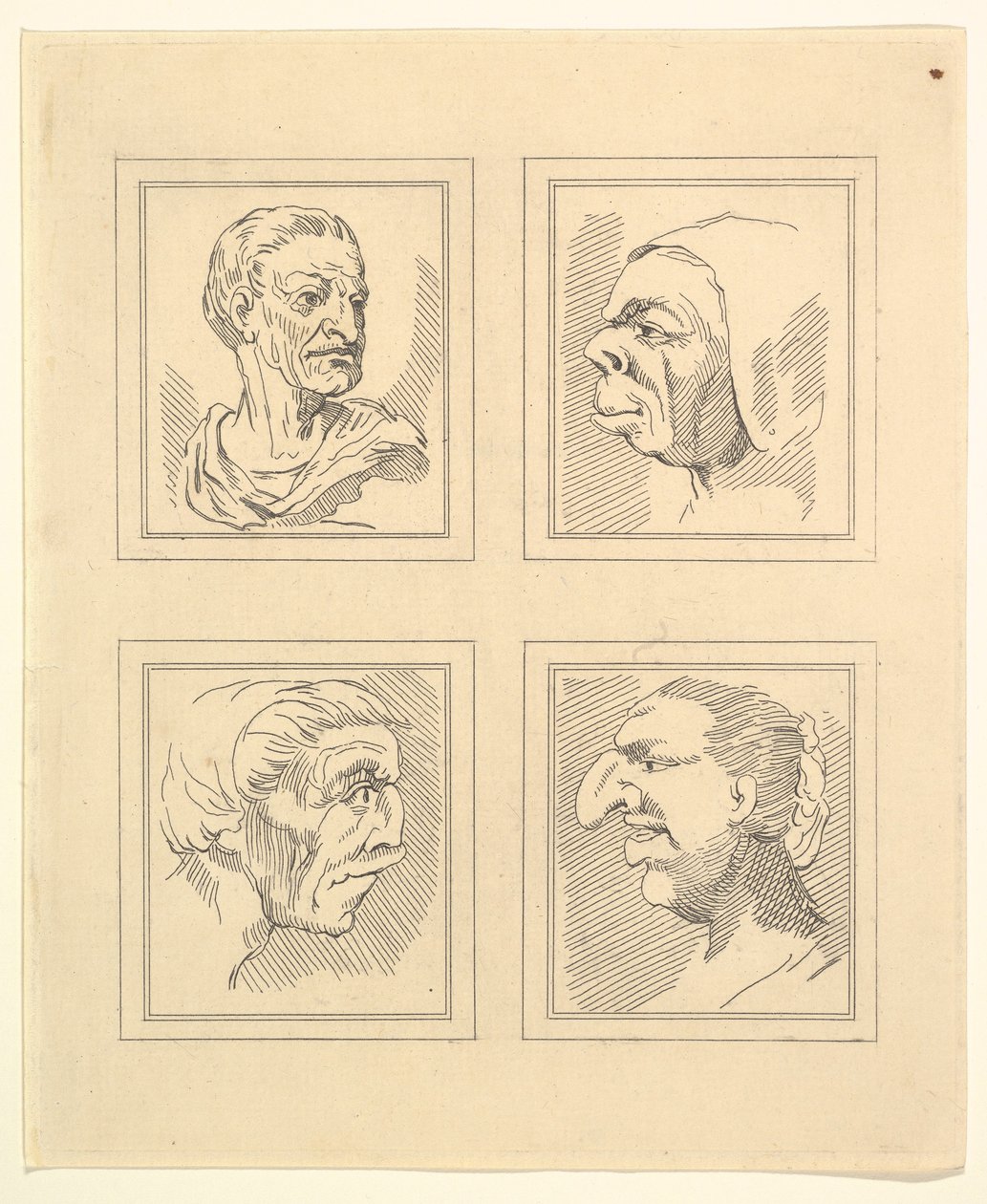 Fire hoder fra Characaturas av Leonardo da Vinci, fra tegninger av Wincelslaus Hollar, o..., 1786. av Unbekannt