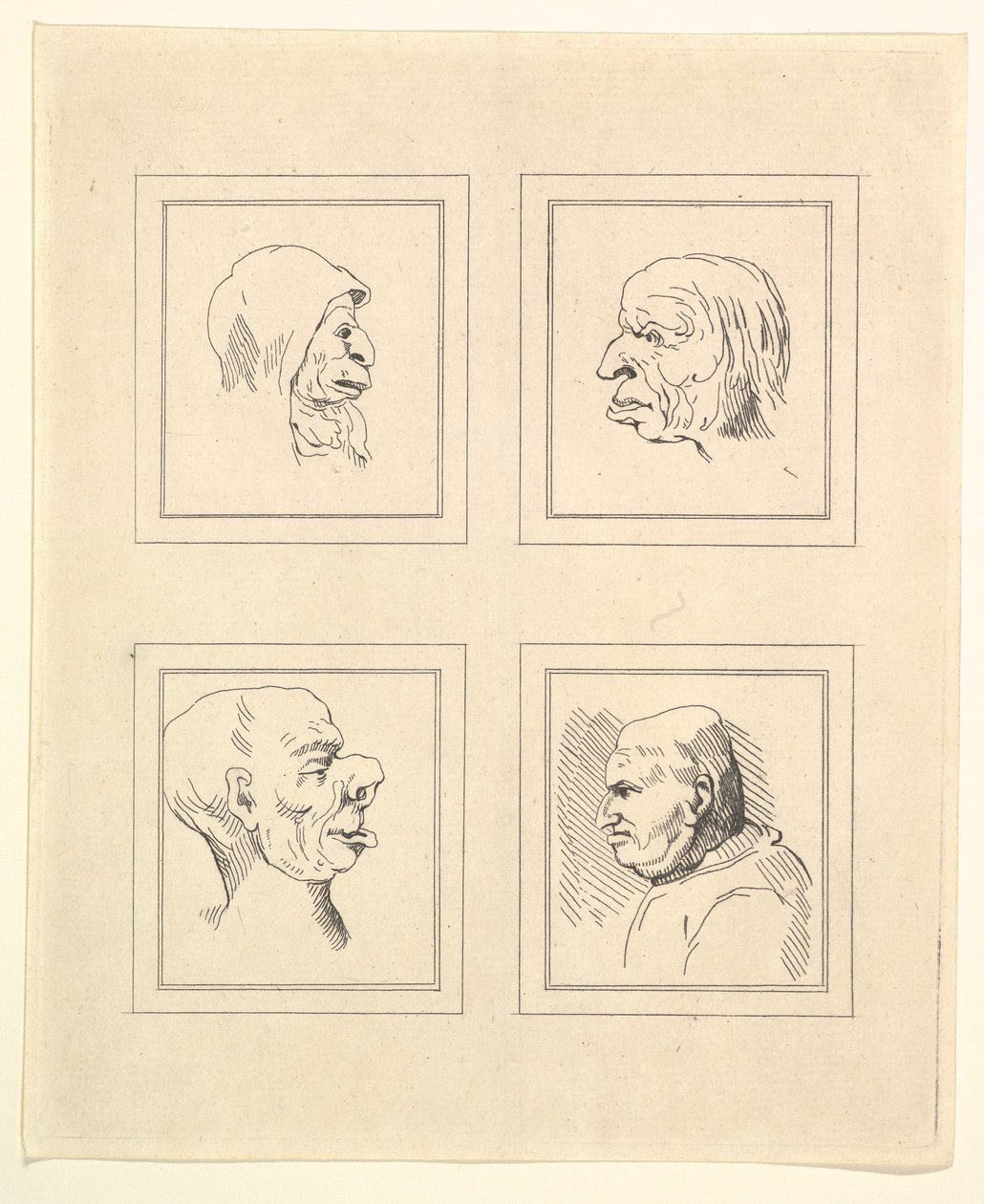 Fire hoder fra Characaturas av Leonardo da Vinci, fra tegninger av Wincelslaus Hollar, o..., 1786. av Unbekannt