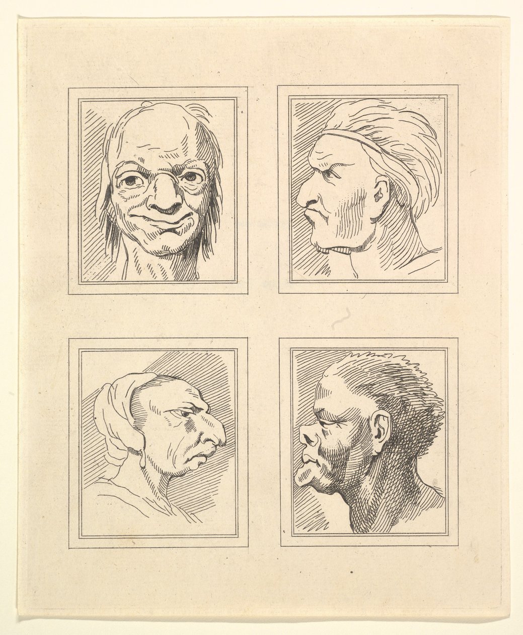Fire hoder fra Characaturas av Leonardo da Vinci, fra tegninger av Wincelslaus Hollar, o..., 1786. av Unbekannt