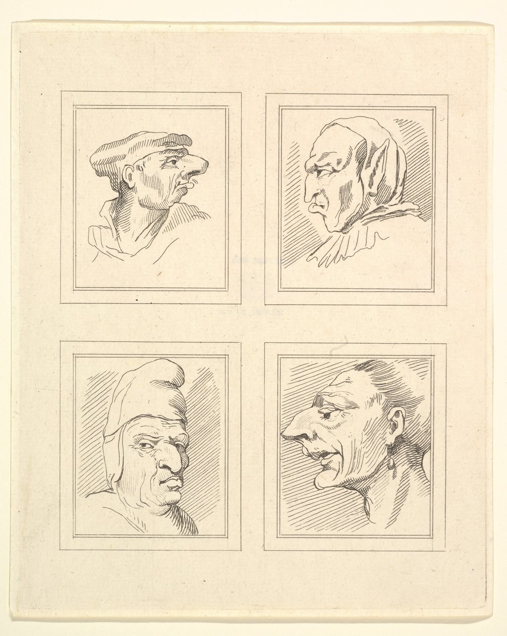 Fire hoder fra Characaturas av Leonardo da Vinci, fra tegninger av Wincelslaus Hollar, o..., 1786. av Unbekannt