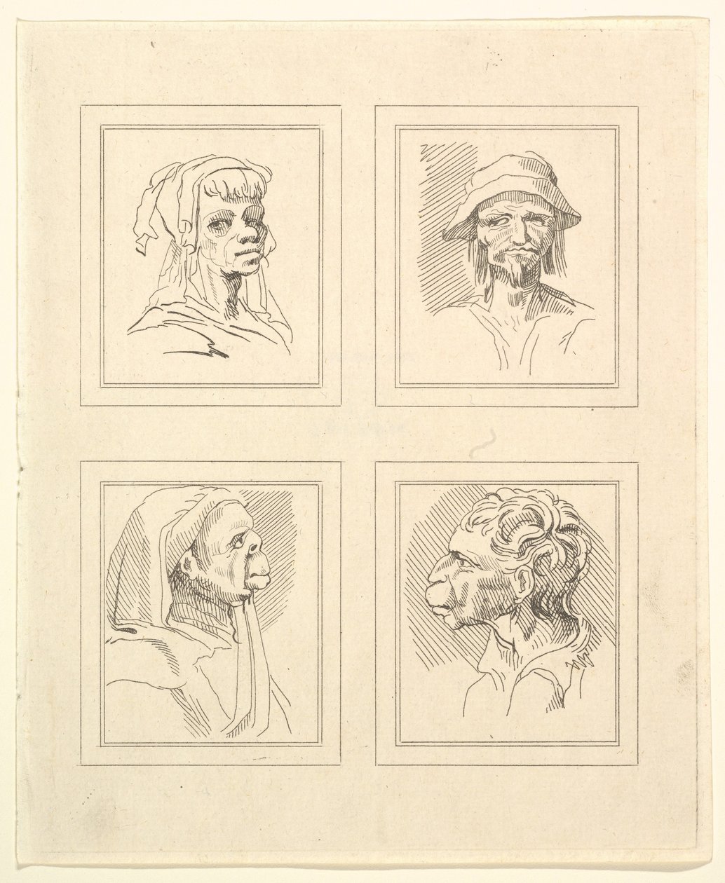 Fire hoder fra Characaturas av Leonardo da Vinci, fra tegninger av Wincelslaus Hollar, o..., 1786. av Unbekannt