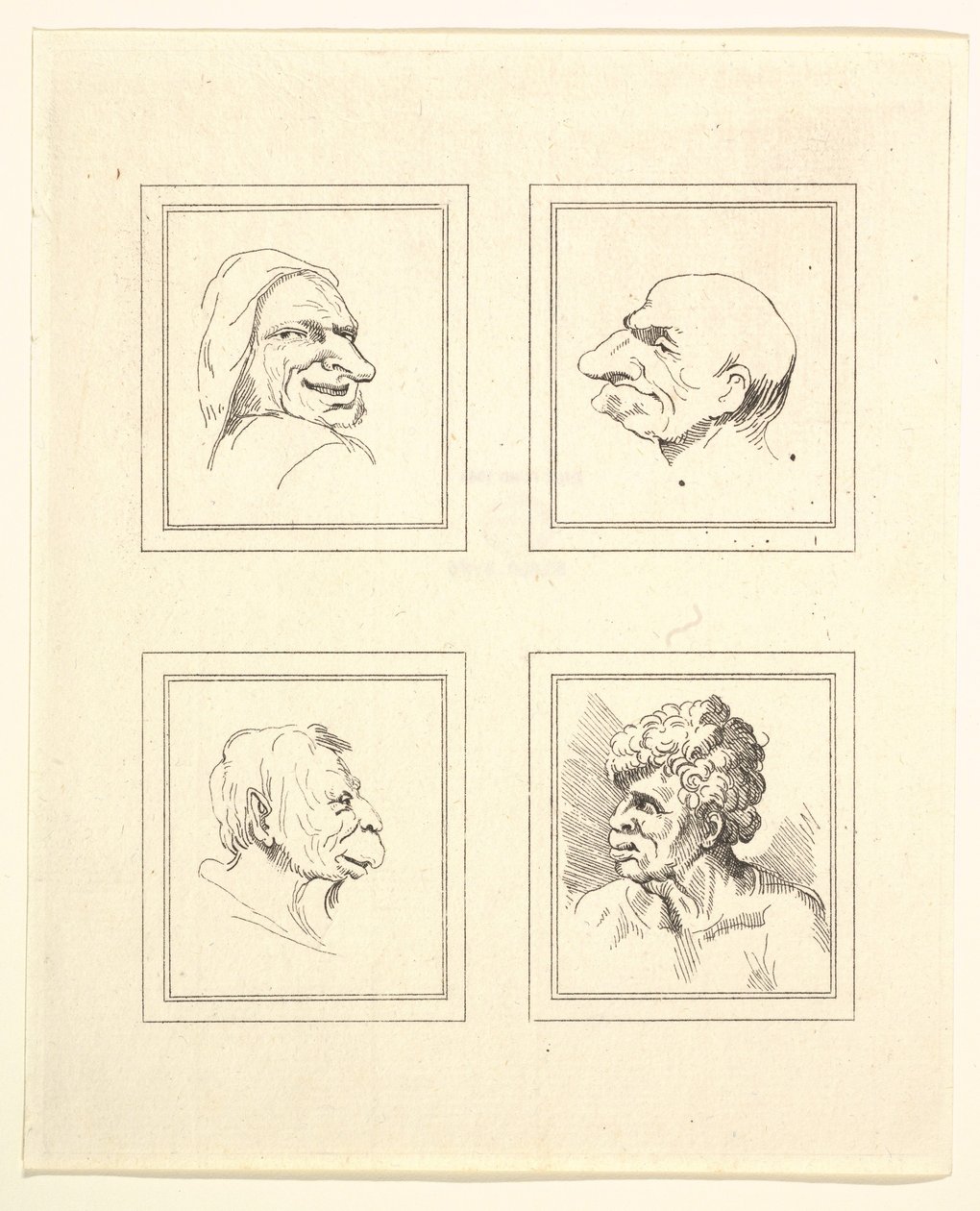 Fire hoder fra Characaturas av Leonardo da Vinci, fra tegninger av Wincelslaus Hollar, o..., 1786. av Unbekannt