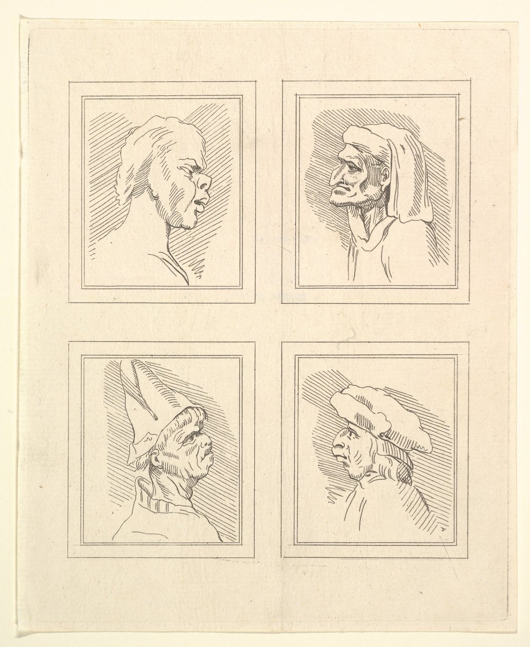 Fire hoder fra Characaturas av Leonardo da Vinci, fra tegninger av Wincelslaus Hollar, o..., 1786. av Unbekannt