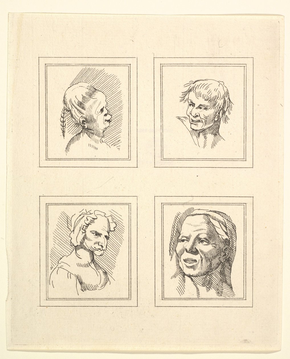 Fire hoder fra Characaturas av Leonardo da Vinci, fra tegninger av Wincelslaus Hollar, o..., 1786. av Unbekannt