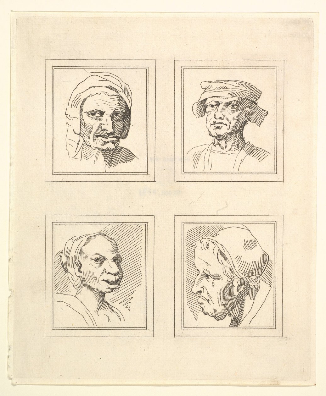 Fire hoder fra Characaturas av Leonardo da Vinci, fra tegninger av Wincelslaus Hollar, o..., 1786. av Unbekannt