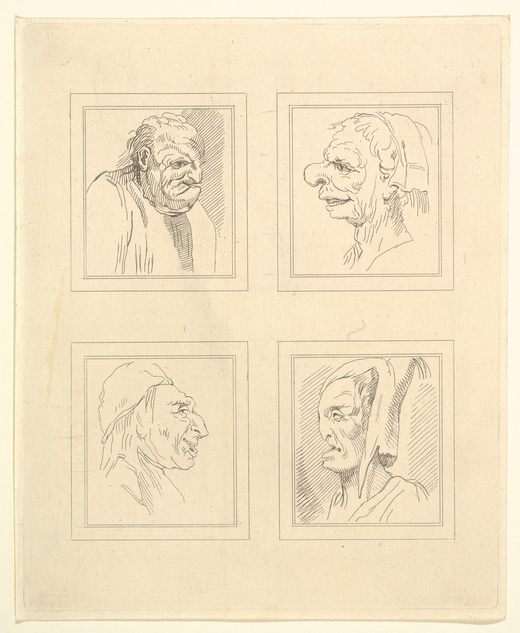 Fire hoder fra Characaturas av Leonardo da Vinci, fra tegninger av Wincelslaus Hollar, o..., 1786. av Unbekannt