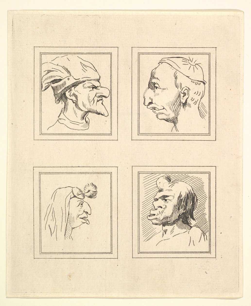 Fire hoder fra Characaturas av Leonardo da Vinci, fra tegninger av Wincelslaus Hollar, o..., 1786. av Unbekannt