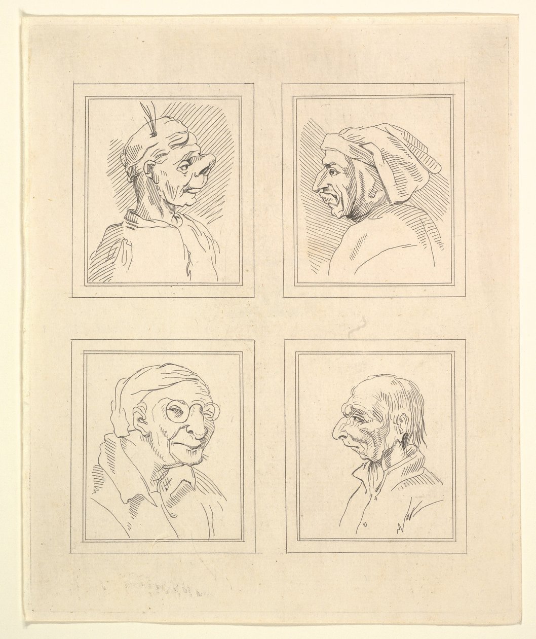 Fire hoder fra Characaturas av Leonardo da Vinci, fra tegninger av Wincelslaus Hollar, o..., 1786. av Unbekannt
