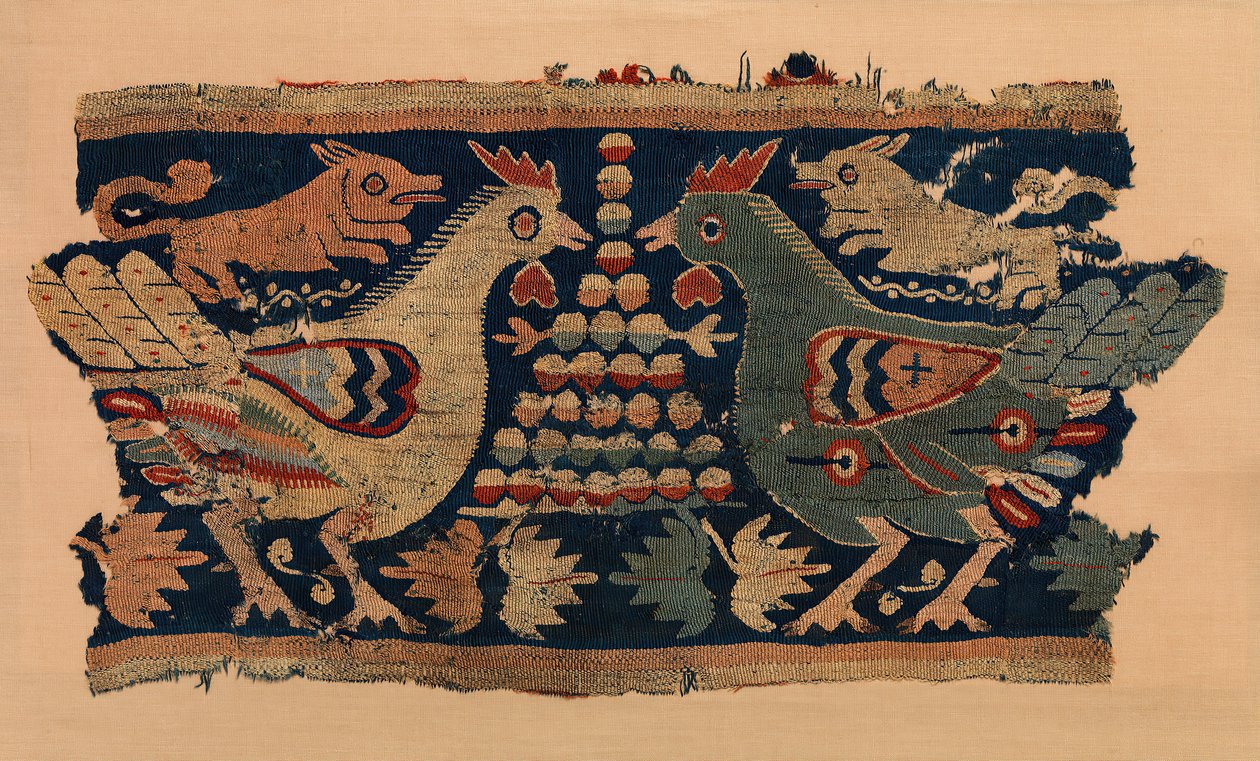 Fragment of Wall Hanging med konfronterte haner og løpende hunder, koptisk, 4.-6. århundre. av Unbekannt