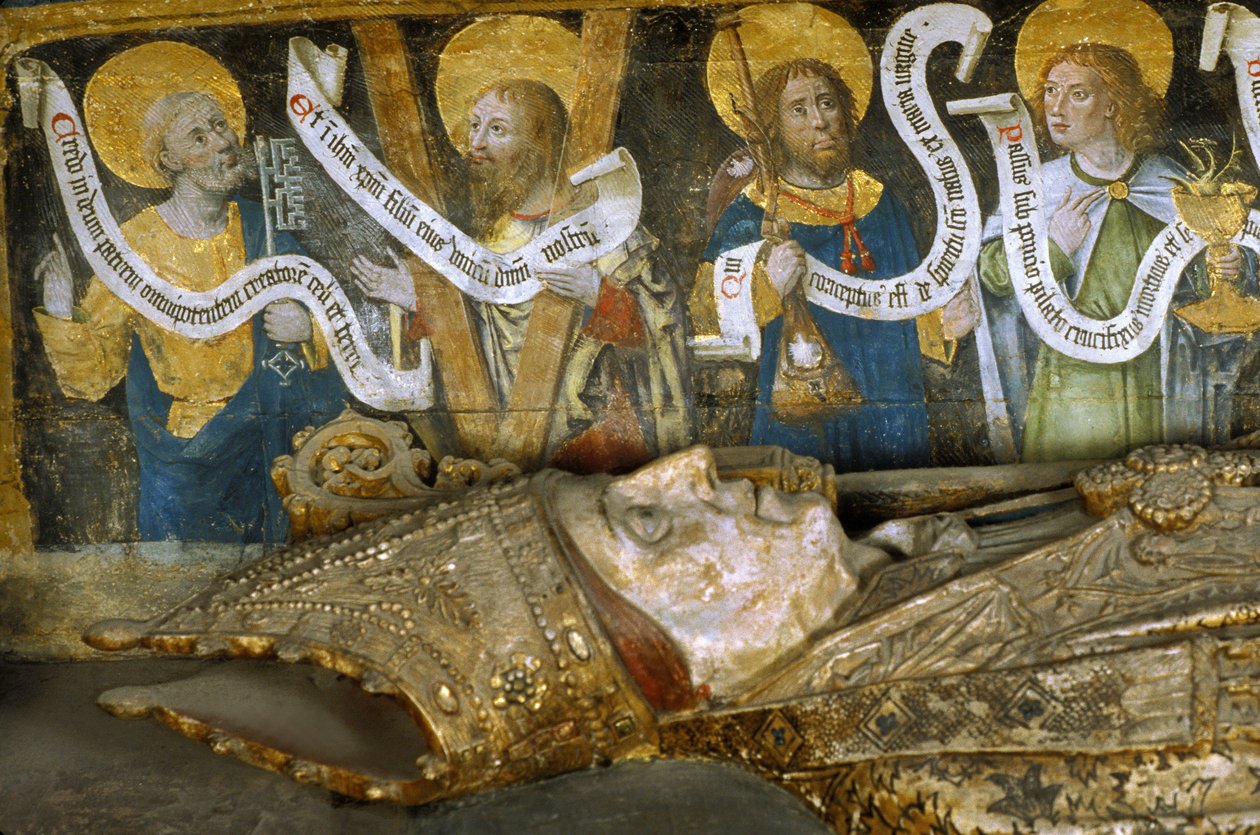 Frankrike - Somme - Avdeling 80 - Amiens - Interiør av katedralen - Lite kvad i gammel fransk teksting - "" martyrdommen til Saint Firmin"" (Firmin d'Amiens eller Pamplona, 272-303), med Saint Peter, Saint Andre og Evangelisten Joha av Unbekannt