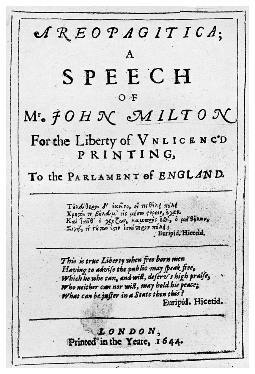 Pressefrihet: tittelside fra Areopagitica av John Milton, 1644 1956 av Unbekannt