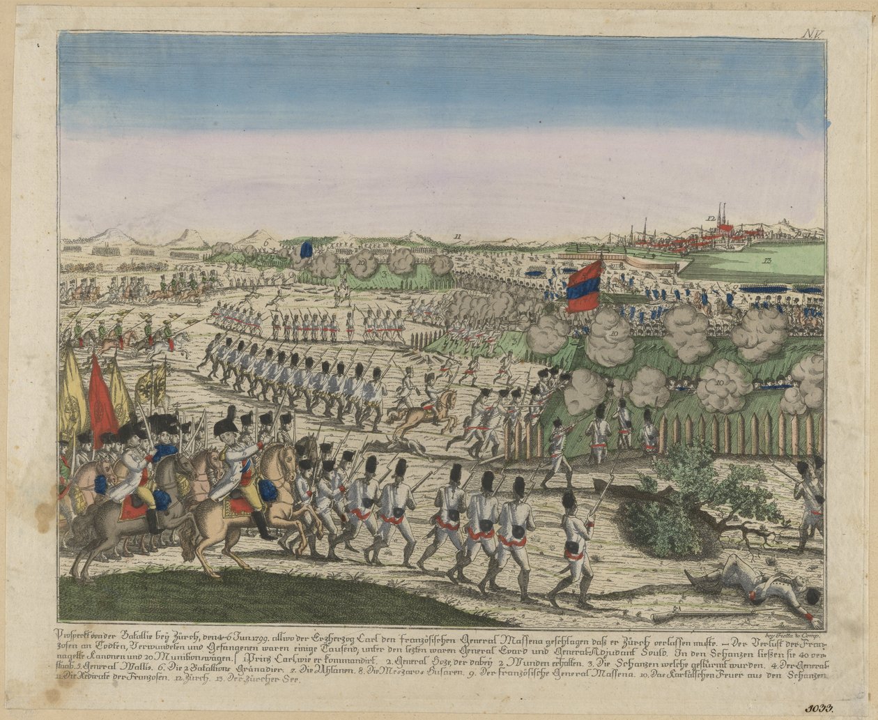 Franske og russiske tropper på Zürichberg-bakken i det første slaget ved Zürich, ca. 1810 av Unbekannt