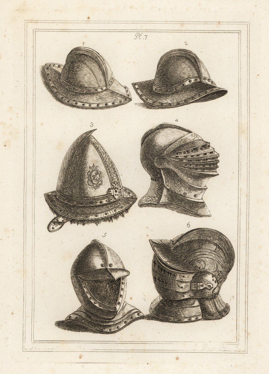 Fransk jerngrytehjelm 1,2, gravert stålhette fra 1500-tallet 3, stor lys hjelm 4, åpen hjelm 5, ornamentert hjelm med visir 6 av Unbekannt