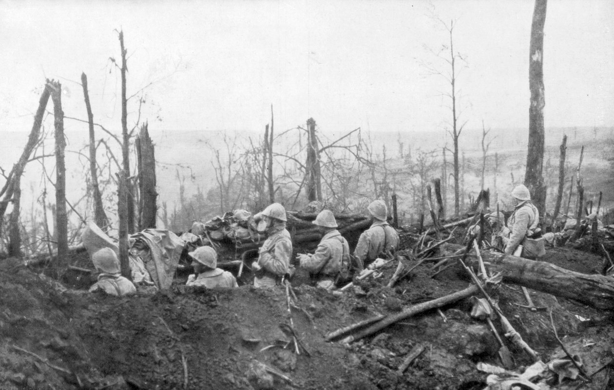 Franske soldater med utsikt over tyske stillinger, slaget ved Malmaison, 1917 av Unbekannt