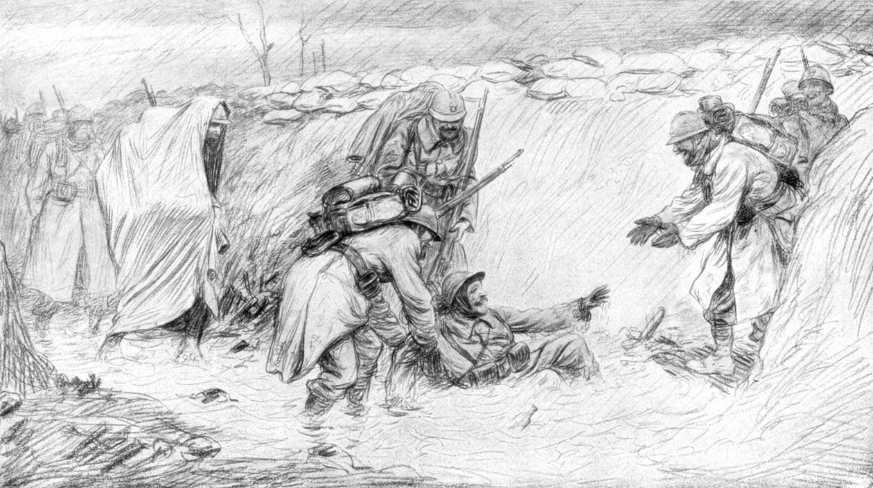 Franske soldater ser den morsomme siden av å falle i gjørmen, første verdenskrig, 1916, 1926 av Unbekannt