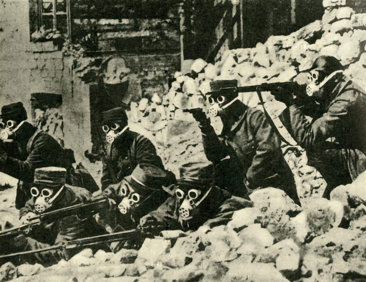 Franske soldater med gassmasker, første verdenskrig, c1915, c1920. av Unbekannt
