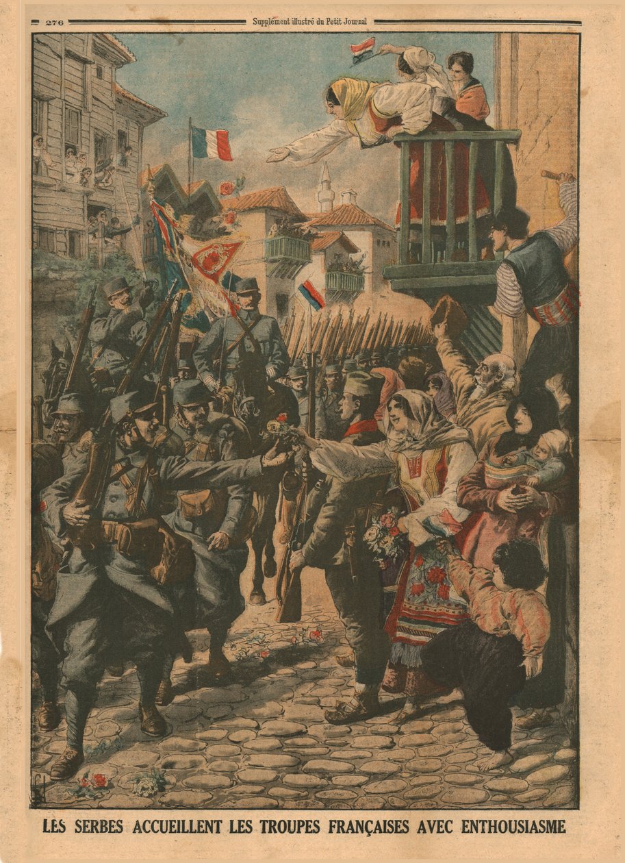 Franske tropper blir ønsket entusiastisk velkommen av serberne, 1915. av Unbekannt