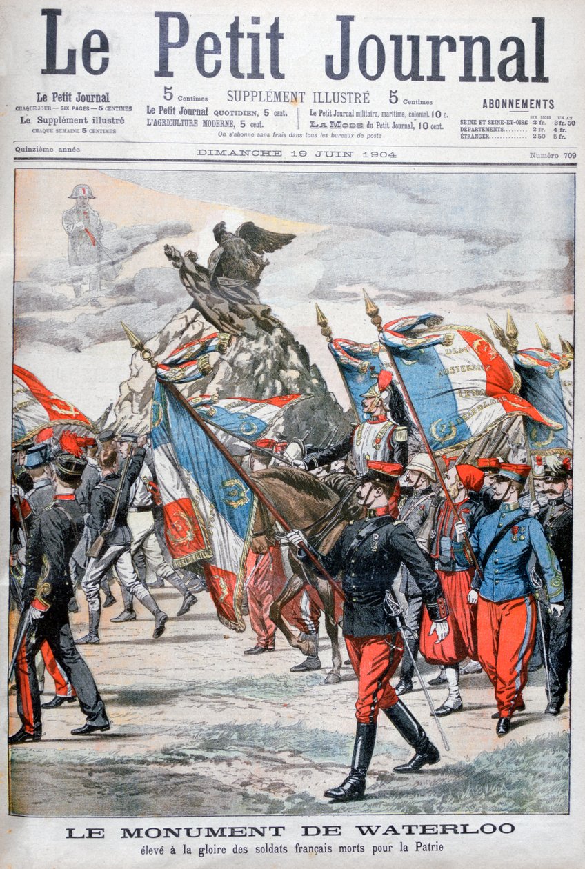 Franske tropper paraderer forbi monumentet til slaget ved Waterloo, 1904 av Unbekannt