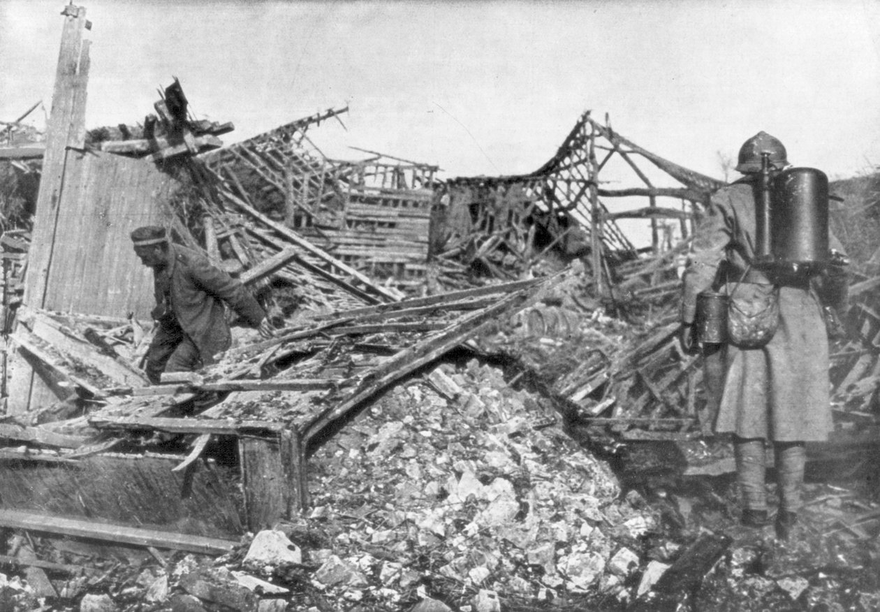 Franske tropper bruker flammekastere for å skylle ut tyskere fra tilfluktsrom, Cantigny, Frankrike, 1918 av Unbekannt