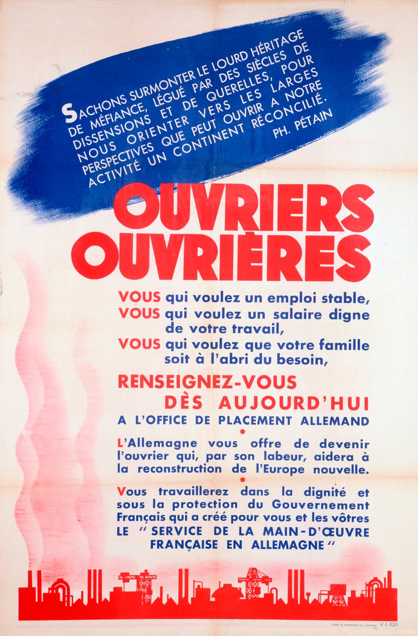 Fransk arbeidere for Tyskland plakat, c1942-1944 av Unbekannt