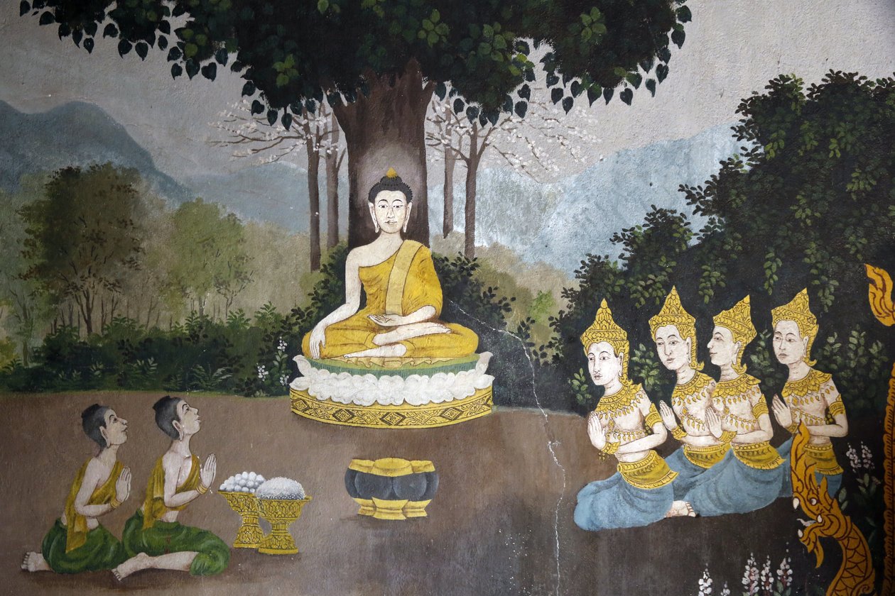 Fresco som viser en scene fra Buddhas liv i Wat Phra Doi Suthep, Chiang Mai. Buddha mottar almisser. Thailand av Unbekannt