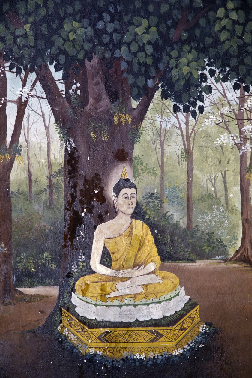 Fresco som viser en scene fra Buddhas liv i Wat Phra Doi Suthep, Chiang Mai. Buddha mediterer under et tre. Thailand av Unbekannt