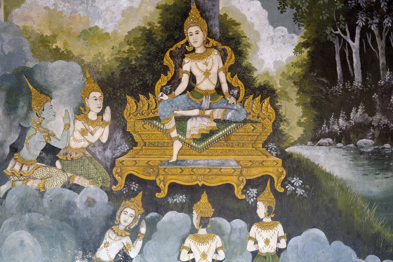 Fresco som viser en scene fra Buddhas liv i Wat Phra Doi Suthep, Chiang Mai. Thailand av Unbekannt